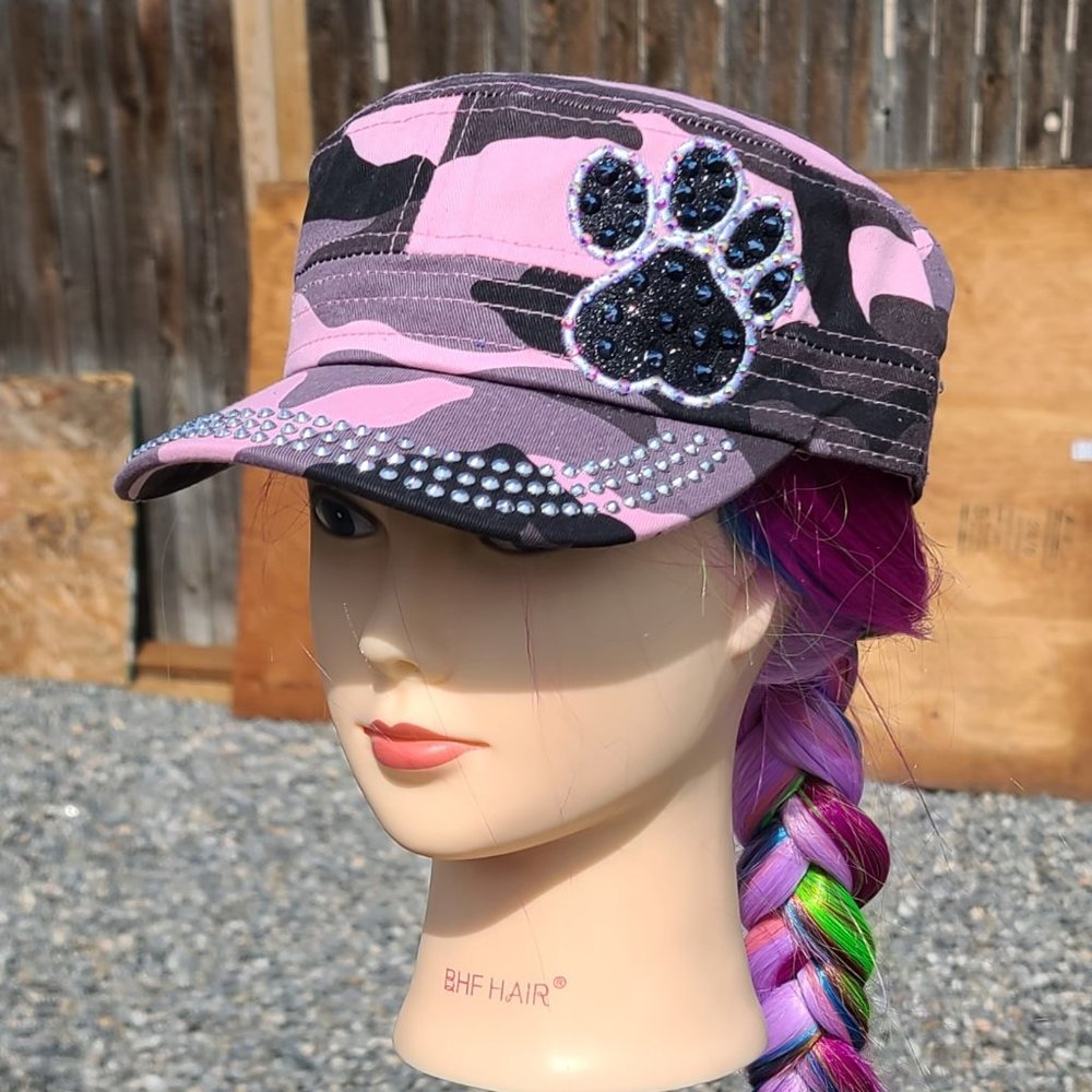 Pink and Black Camouflage Women's Hat with Paw Print
